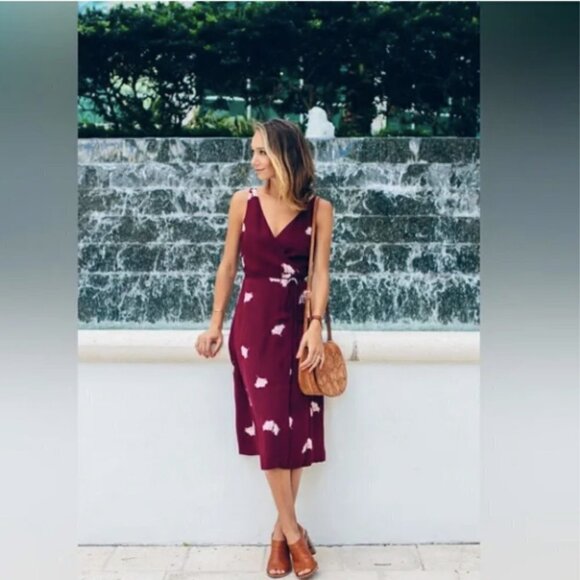 Ann Taylor Summer Blossom Oxblood Maroon Midi Tie Wrap Dress 2P - Picture 5 of 14